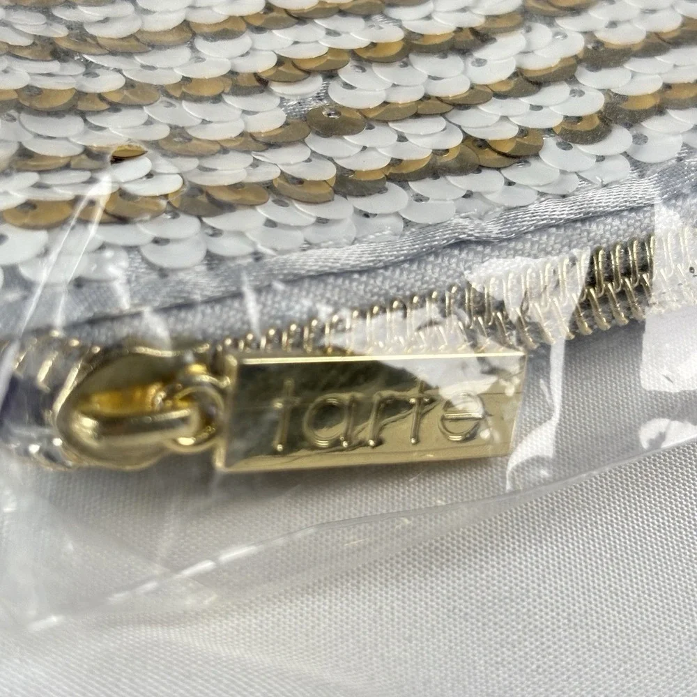 Tarte Cheers To You Makeup Bag Sequin Gold White Cosmetic Pouch‎ New 6x9 Sealed